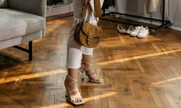 Girl wearing Strappy Sandals with white dress