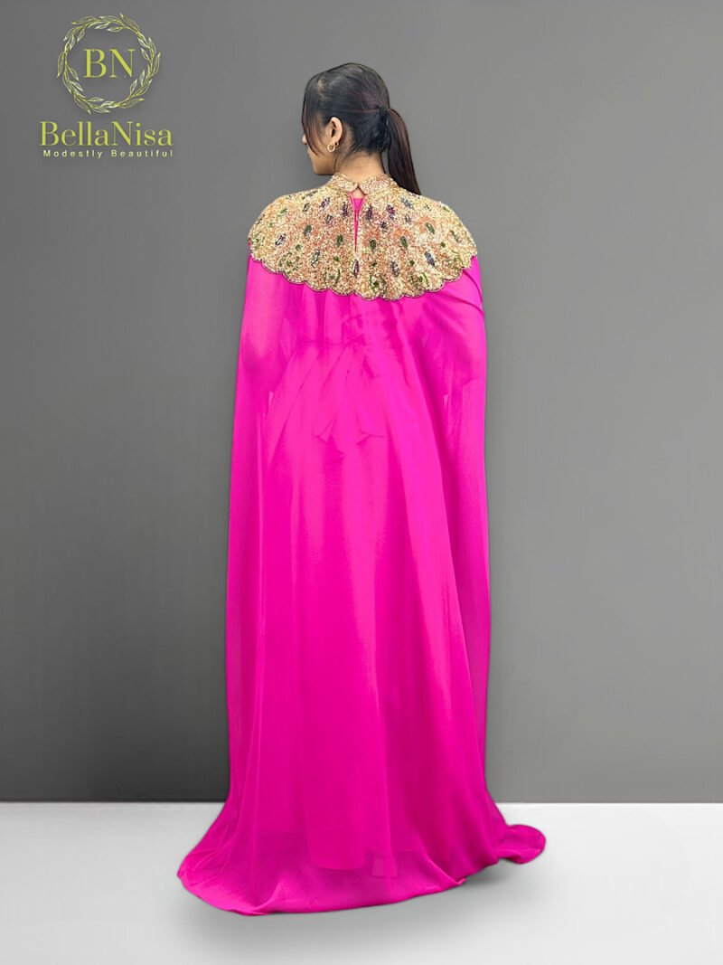 High Neck Abaya Kaftan Hot Pink - Image 4