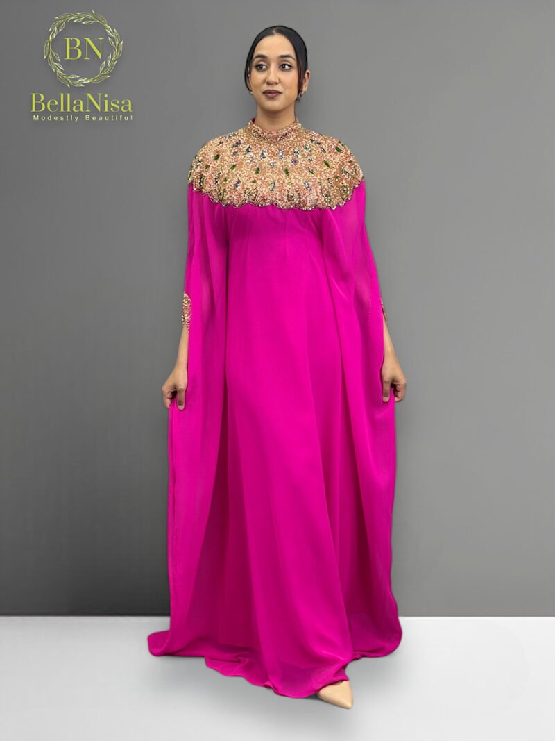 High Neck Abaya Kaftan Hot Pink - Image 2