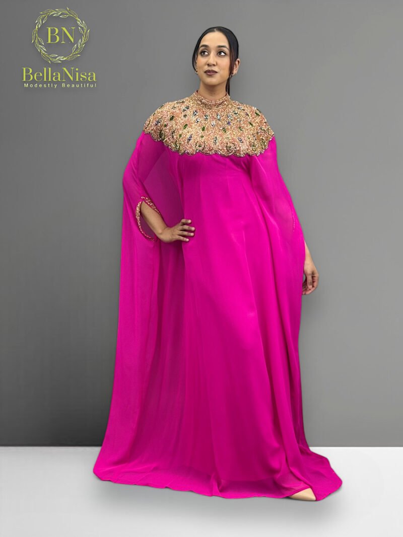 High Neck Abaya Kaftan Hot Pink - Image 3