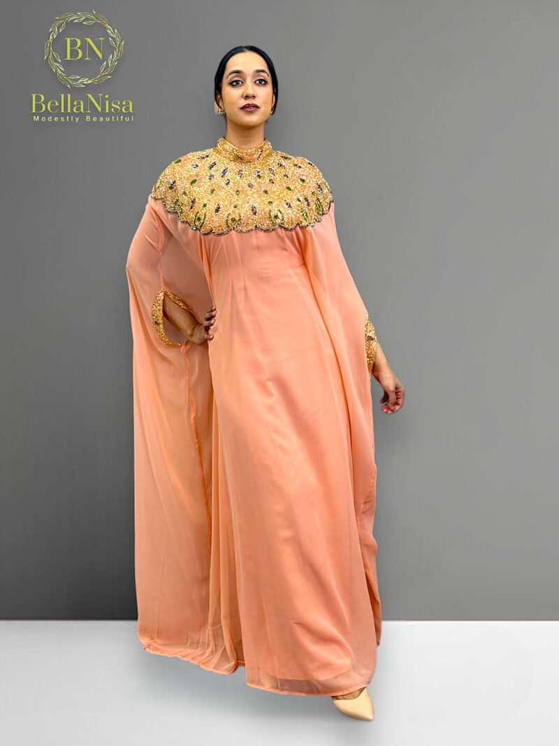 High Neck Abaya Kaftan Peach - Image 2