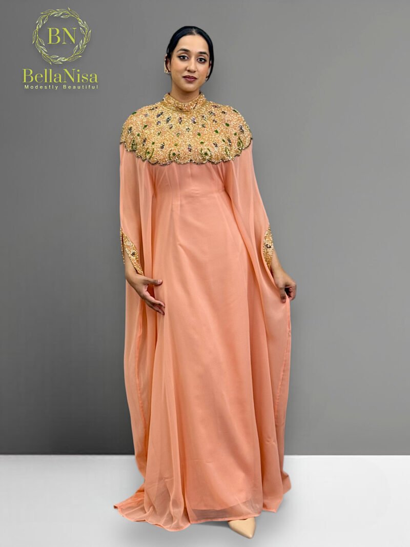 High Neck Abaya Kaftan Peach - Image 3