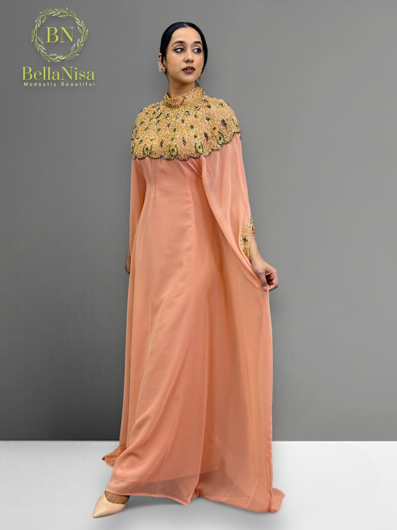 High Neck Abaya Kaftan Peach - Image 4