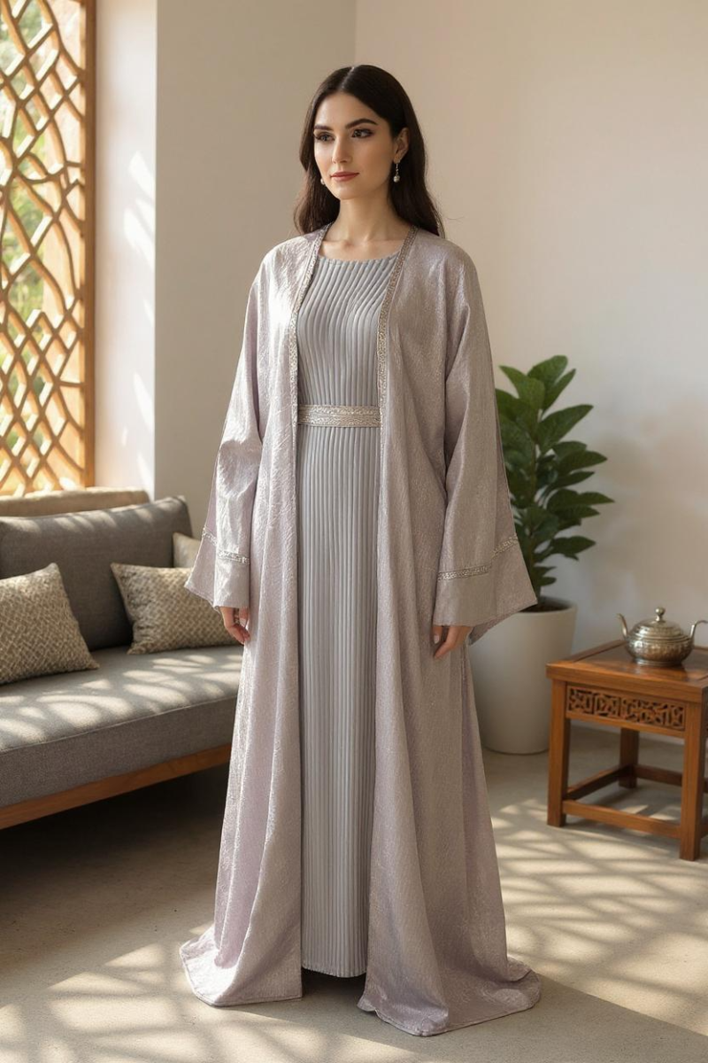Open Jacket Abaya Light Grey