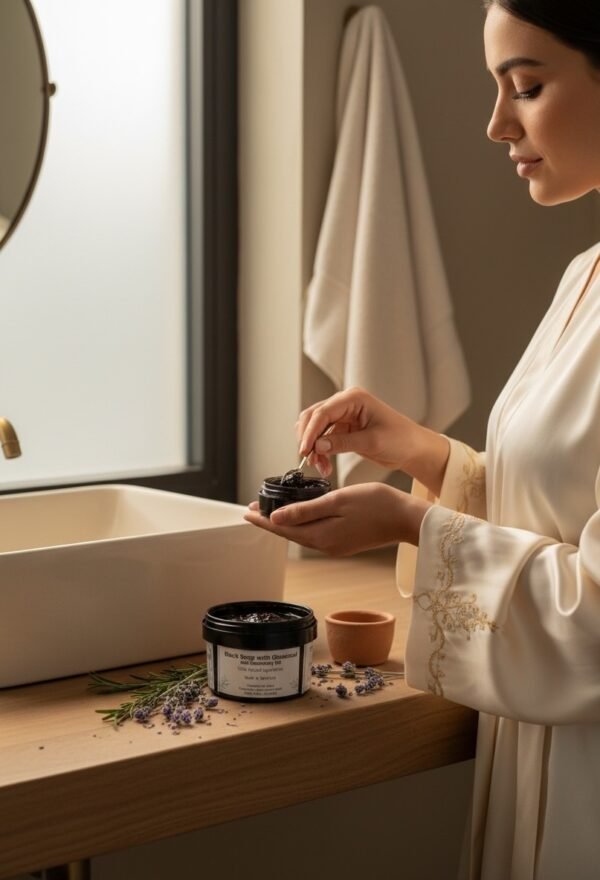 Morrocan Black Soap with Ghassoul and Rosemary Oil.