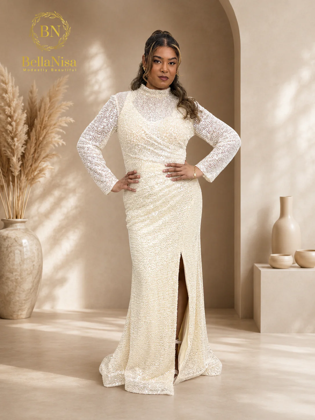 Farah Cream Gown Beaded