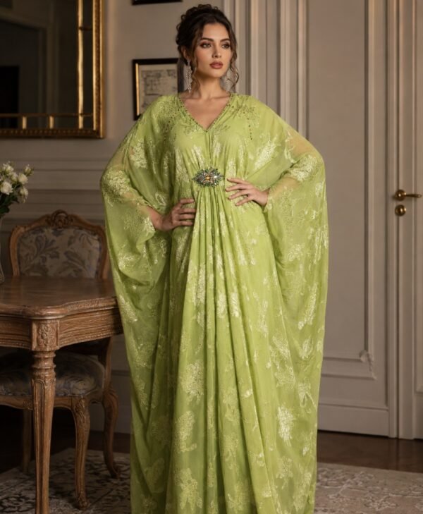 Printed Harir Kaftan Lime