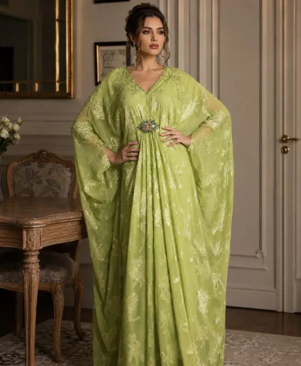 Printed Harir Kaftan Lime