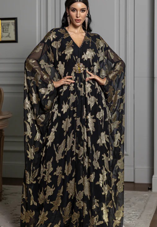 Printed Harir Kaftan Black
