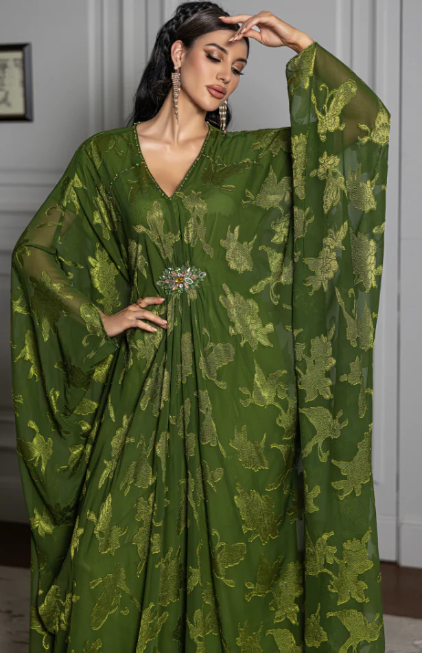 Printed Harir Kaftan Green
