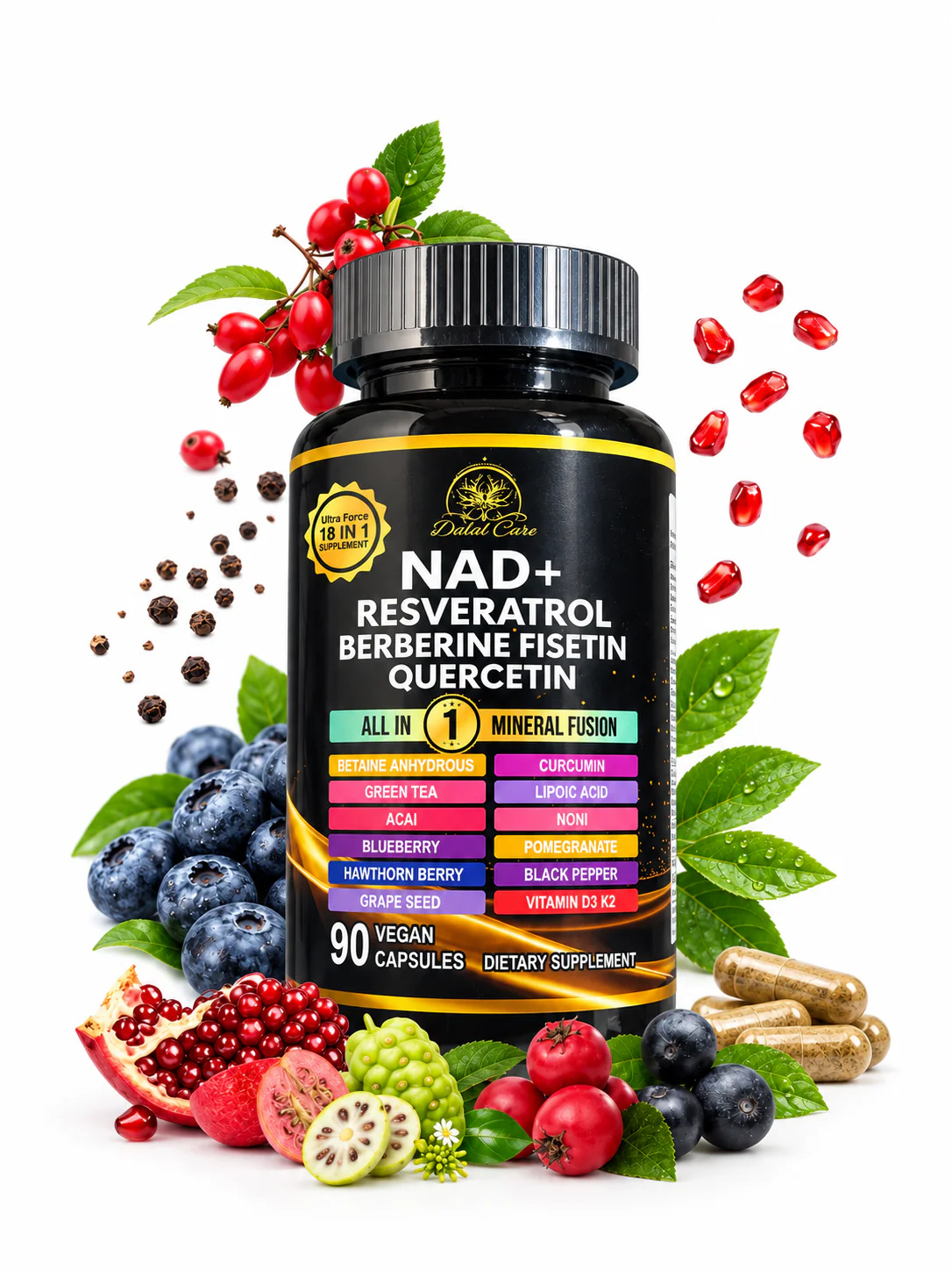 NAD+, Resveratrol, Berberine, Fisetin, and Quercetin